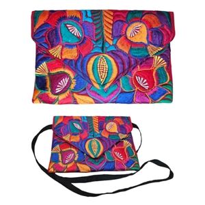 Hand Embroidered Mexican Crossbody Clutch Vibrant Art To Wear Purse Multicolored